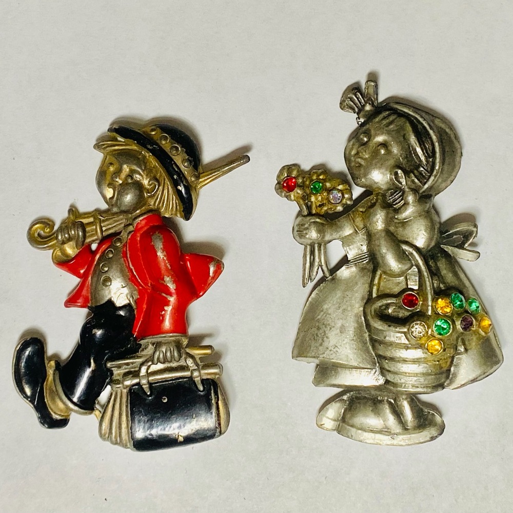 Vintage Pewter Brooch Set with Red and Silver Accents